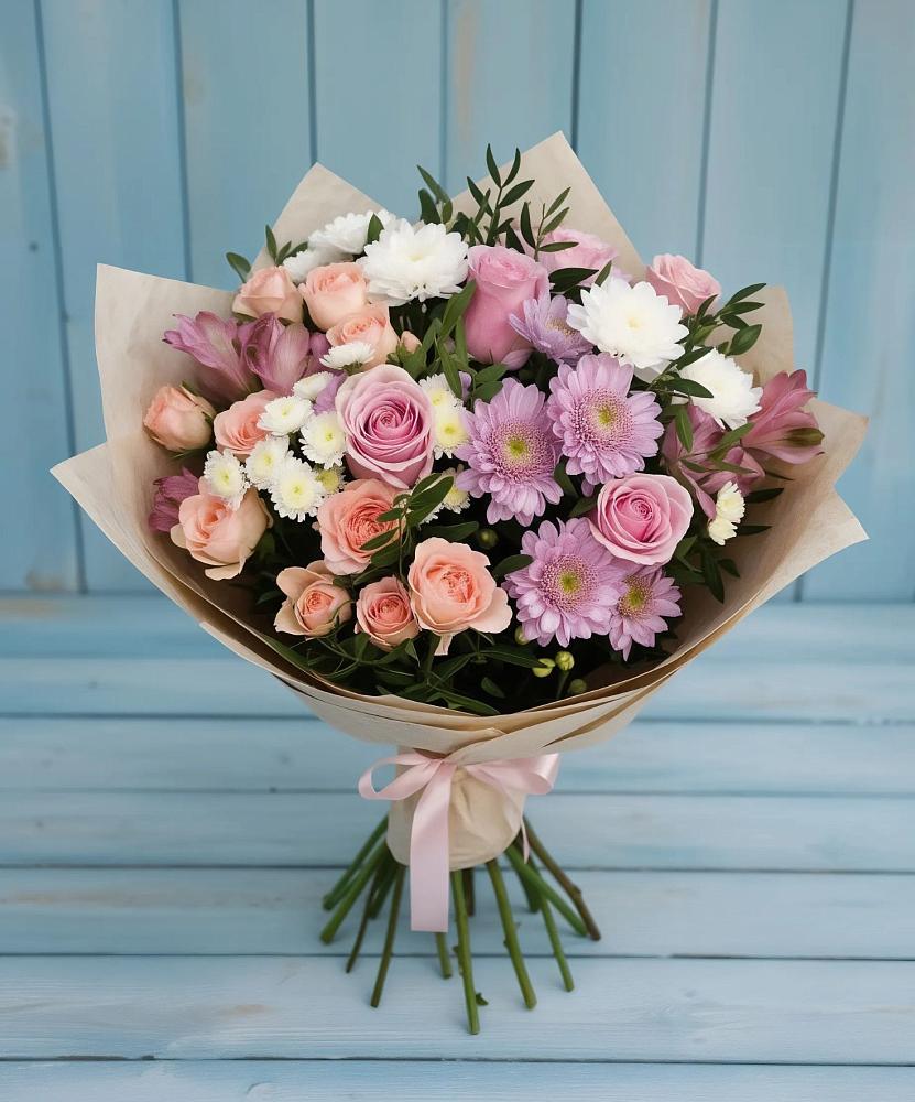 Букет цветов из: Хризантемы, Розы и Альстромерии в Фенино