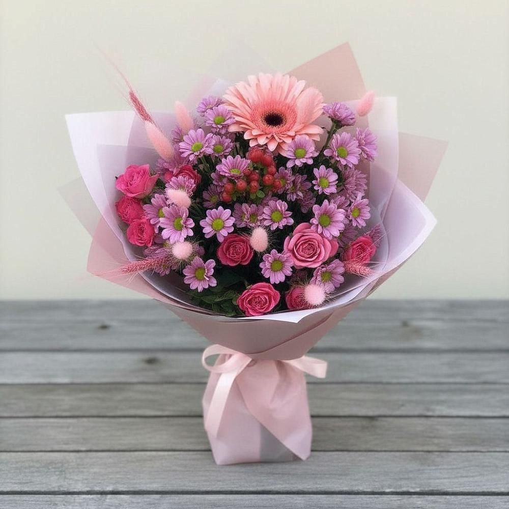 Букет цветов из: Розы, Герберы и Хризантемы в Фенино