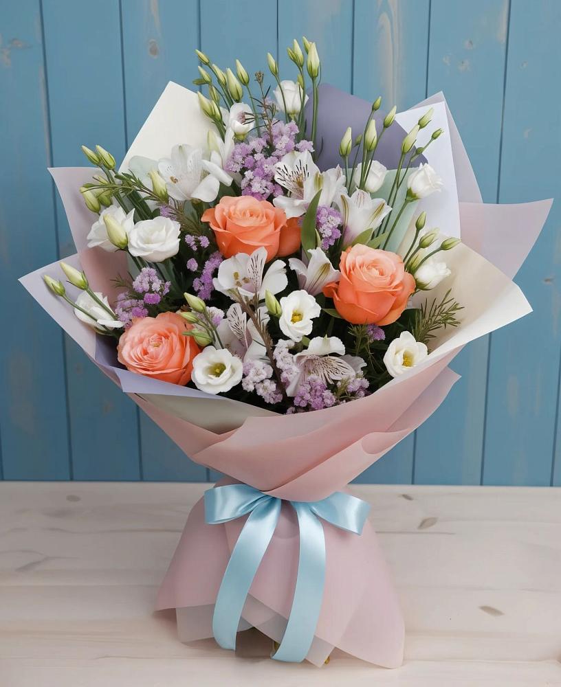 Букет цветов из: Лизиантусы, Розы, Альстромерии и Гипсофила в Фенино