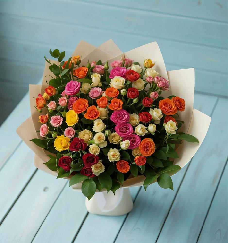 Букет Микс из разноцветных кустовых роз в Фенино