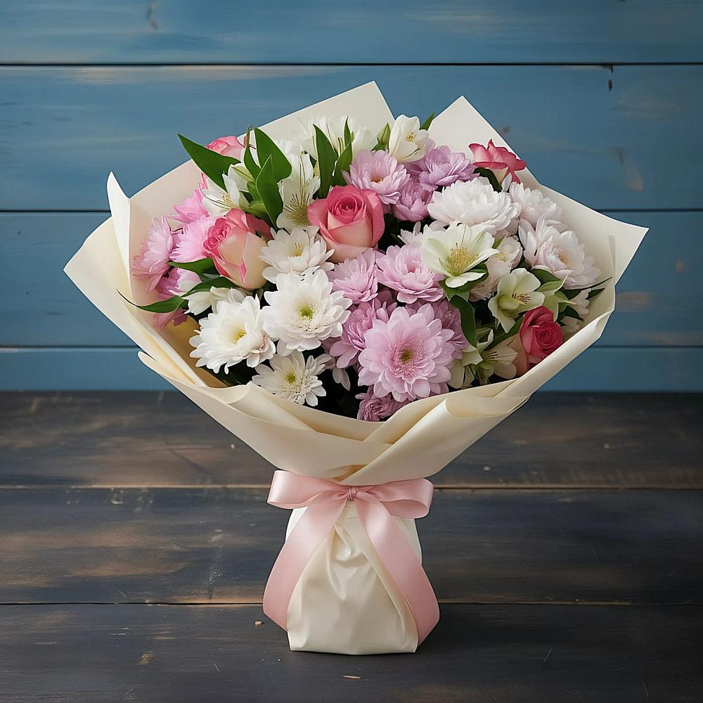 Букет цветов из: Хризантемы, Альстромерии и Розы в Фенино